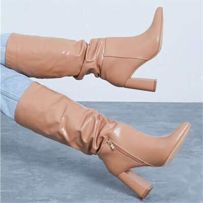 I Saw It First Faux Leather Ruched Block Heel Knee High Boots