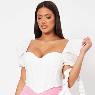 I Saw It First Woven Puff Sleeve Underwired Corset Top