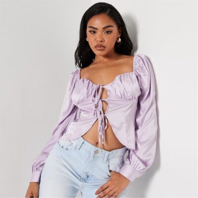 I Saw It First Satin Tie Front Milkmaid Style Blouse